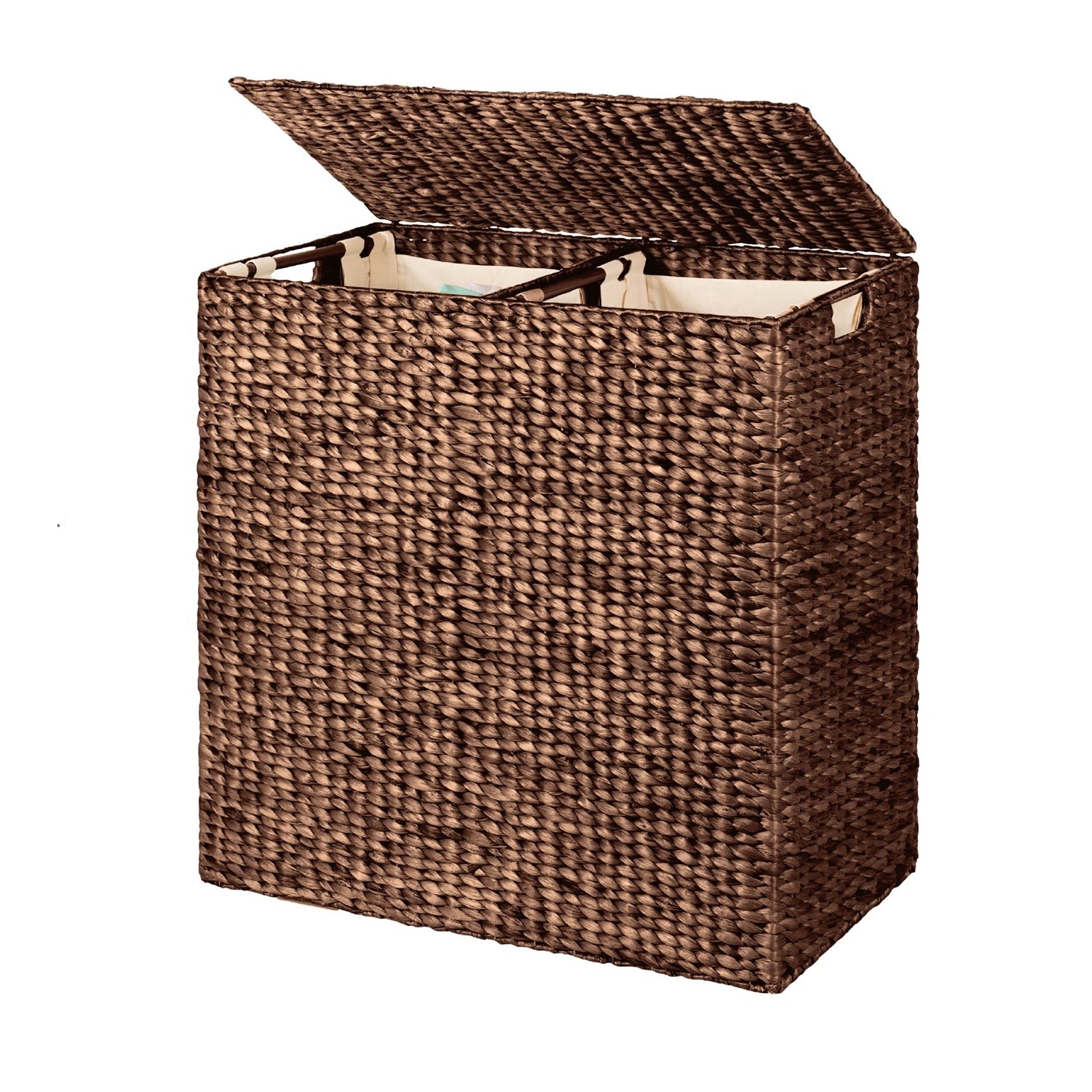 Espresso 2-Bin Handwoven Hyacinth Linen Liner Laundry Hamper w/ Handles-0