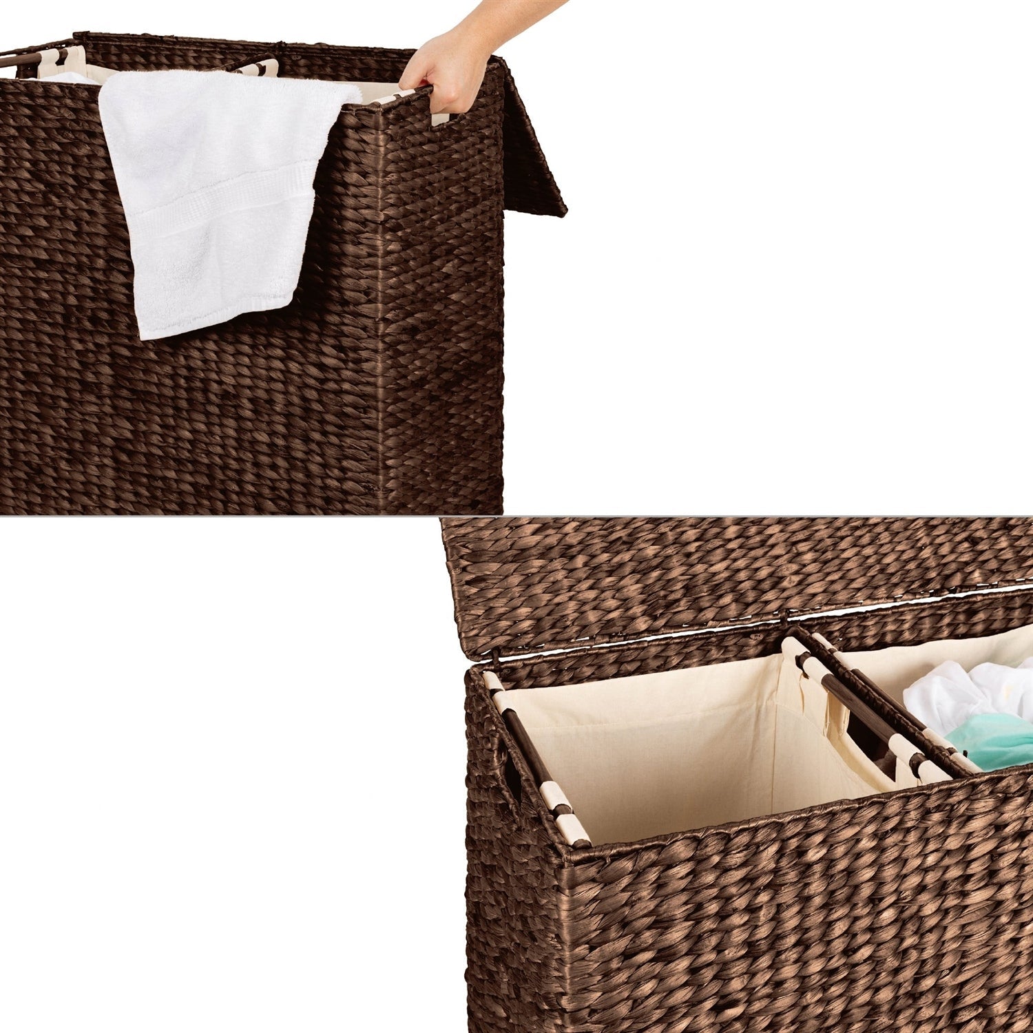 Espresso 2-Bin Handwoven Hyacinth Linen Liner Laundry Hamper w/ Handles-2