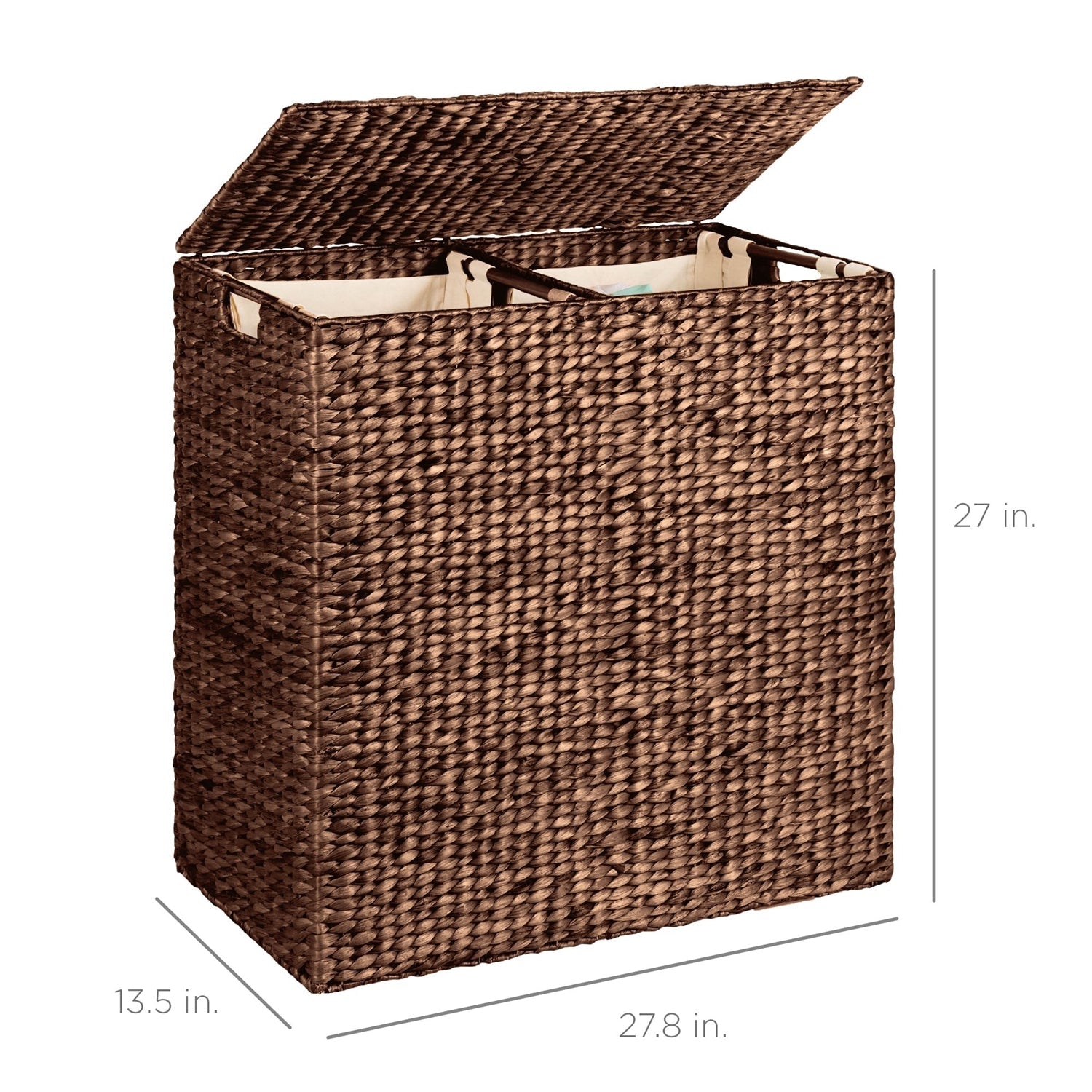 Espresso 2-Bin Handwoven Hyacinth Linen Liner Laundry Hamper w/ Handles-3