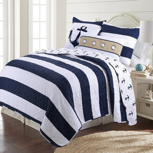 2 Piece Nautical Stripped/Anchors Reversible Microfiber Quilt Set Navy, Twin-0