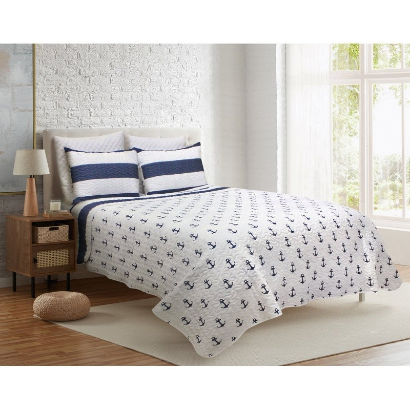 2 Piece Nautical Stripped/Anchors Reversible Microfiber Quilt Set Navy, Twin-1