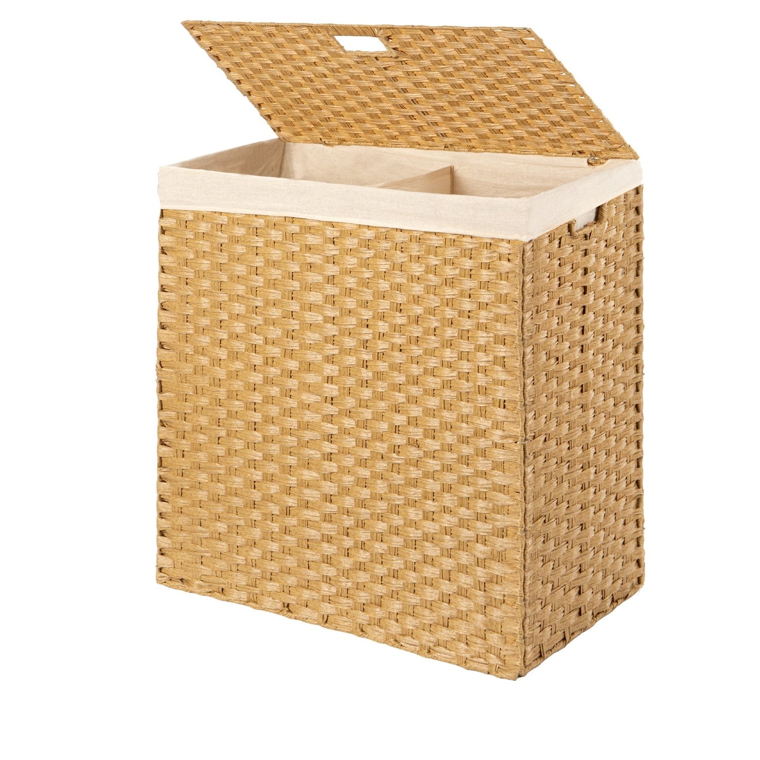 Folding 2-Bin Natural PE Wicker Linen Liner Laundry Hamper w/ Handles-0