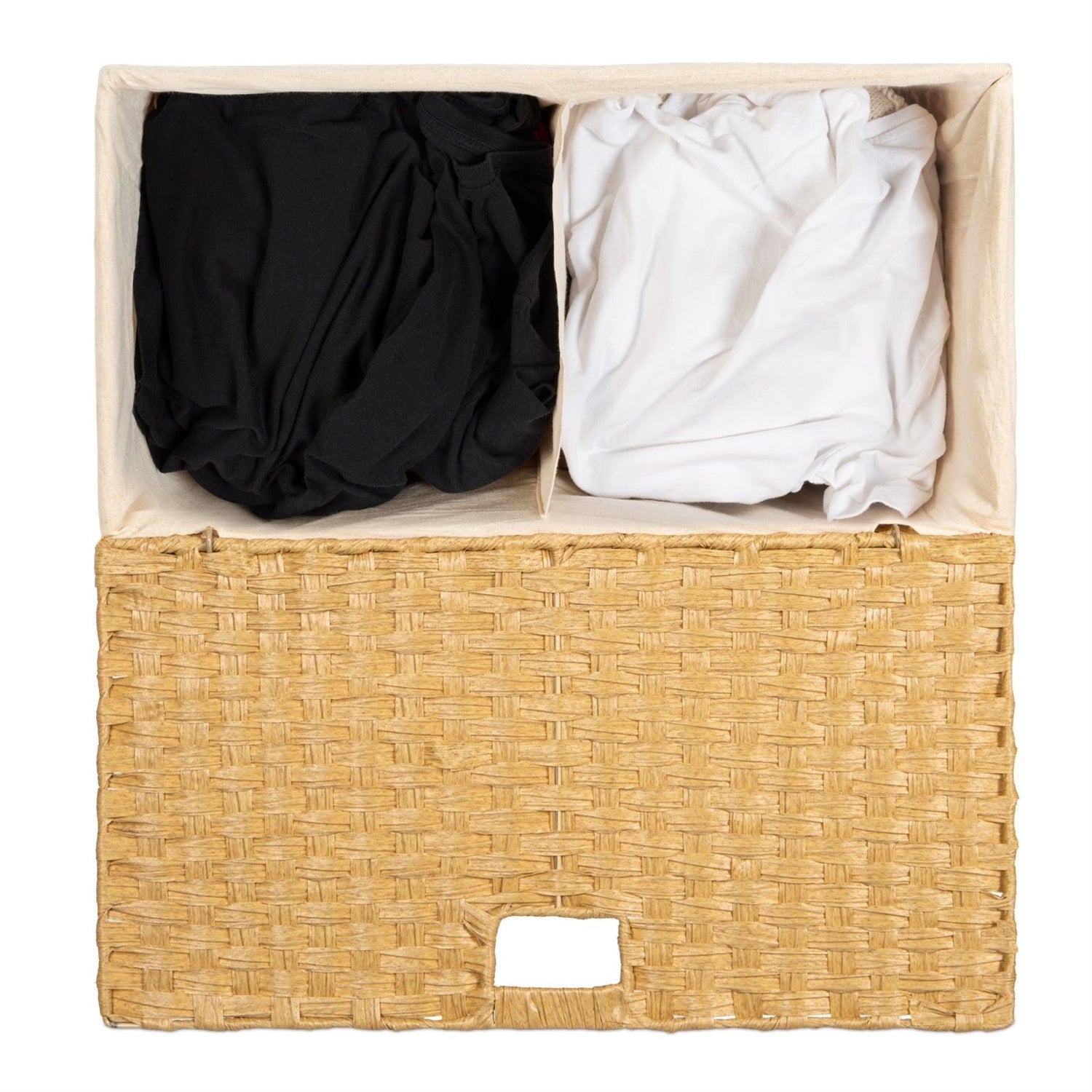 Folding 2-Bin Natural PE Wicker Linen Liner Laundry Hamper w/ Handles-3