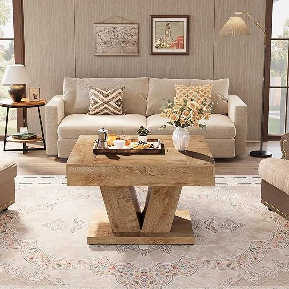 Modern Farmhouse Style Square Coffee Table in Natural Wood Finish-1