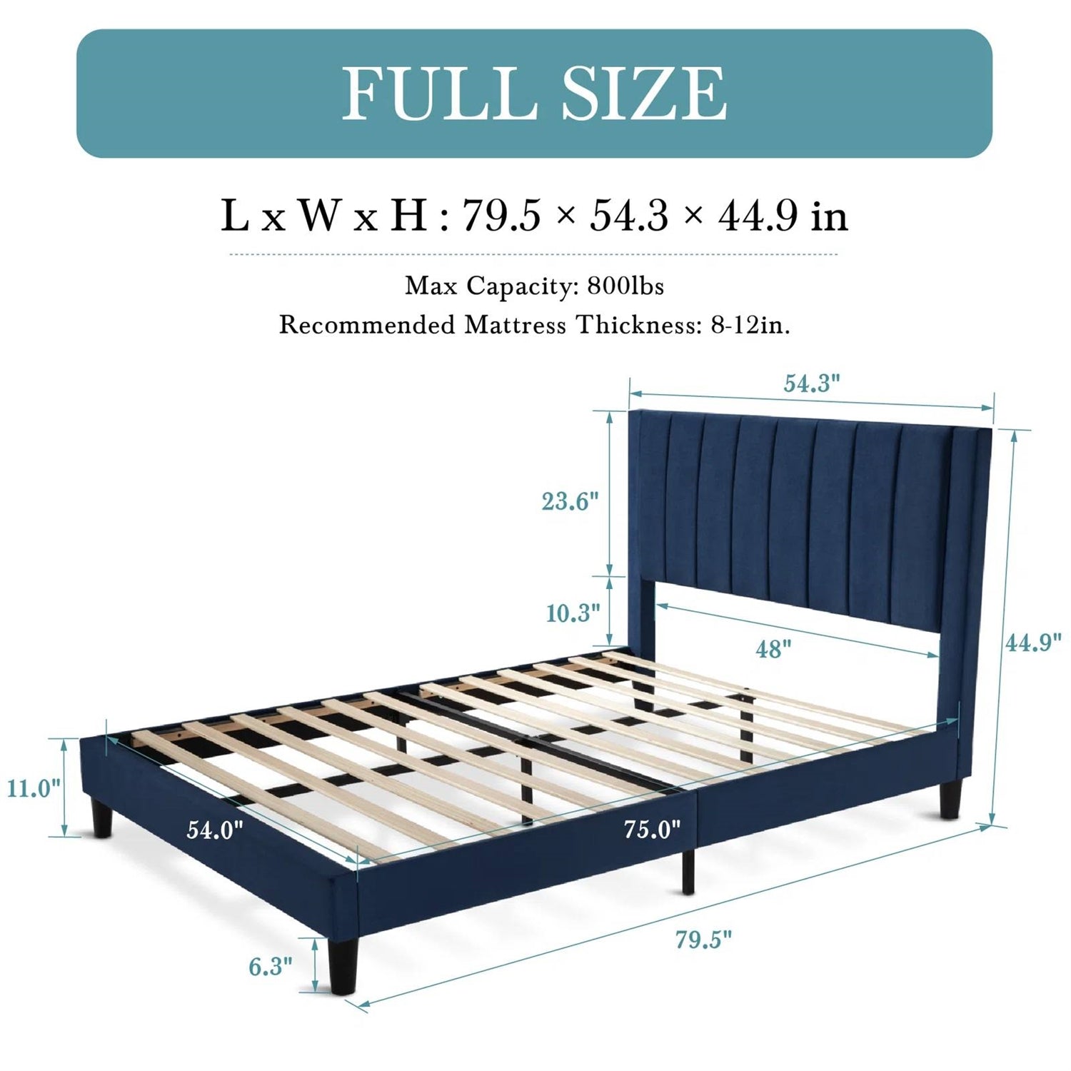 Full size Modern Navy Blue Velvet Upholstered Platform Bed with Headboard-4