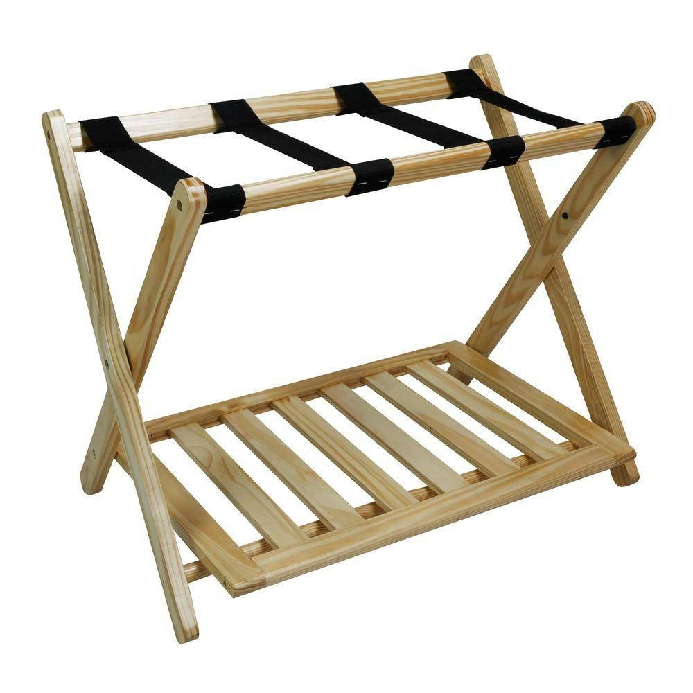 Solid Wood Luggage Rack with Bottom Storage Shelf in Natural with Black Straps-0