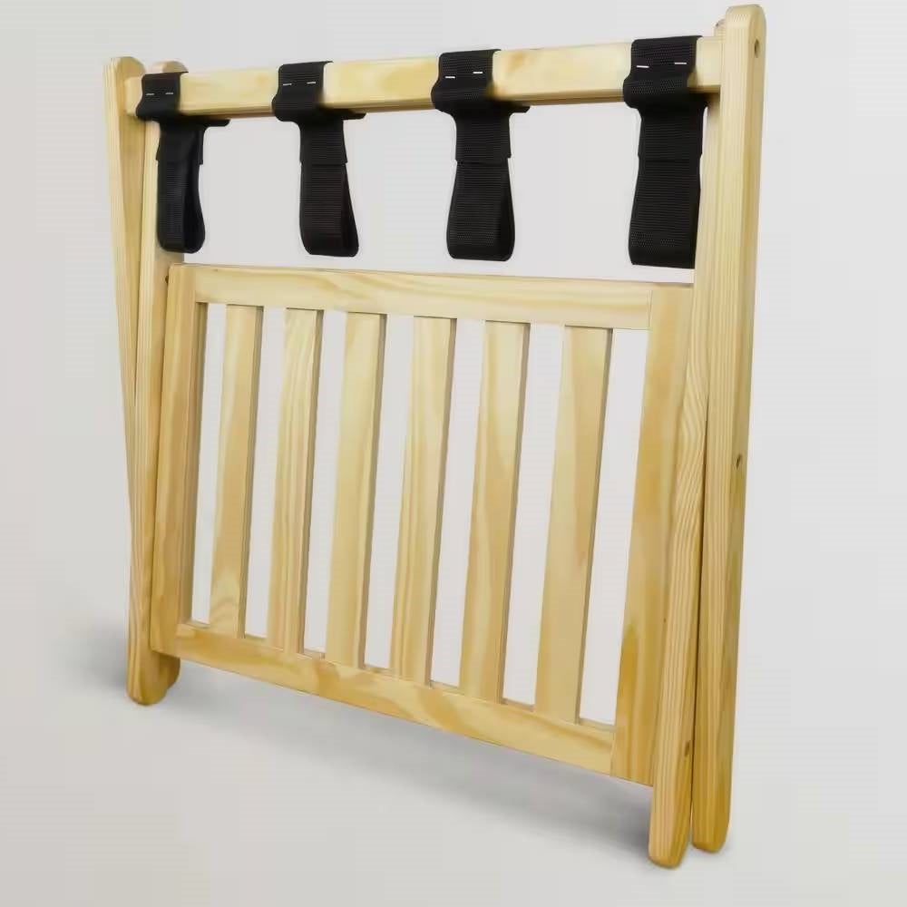 Solid Wood Luggage Rack with Bottom Storage Shelf in Natural with Black Straps-2