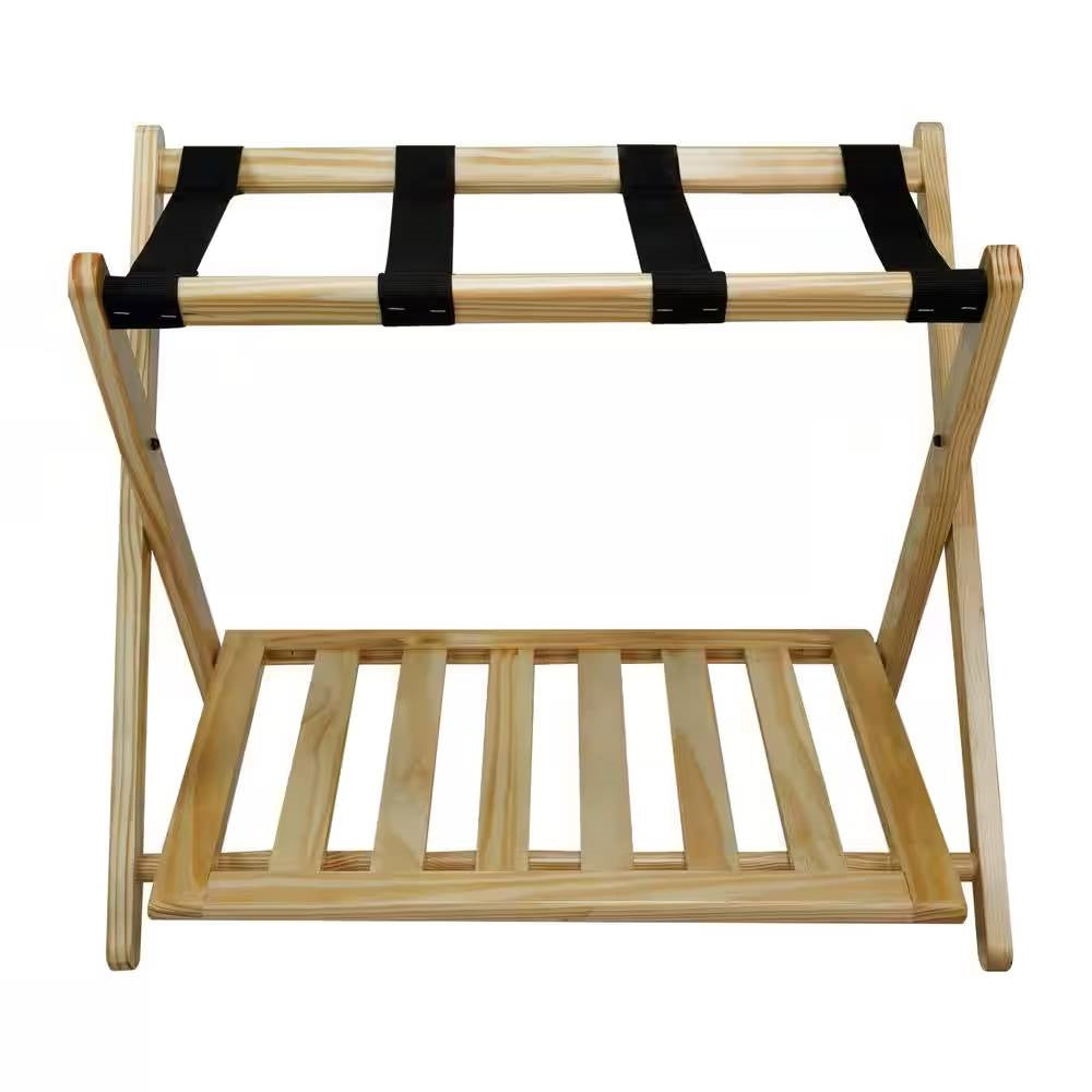 Solid Wood Luggage Rack with Bottom Storage Shelf in Natural with Black Straps-3