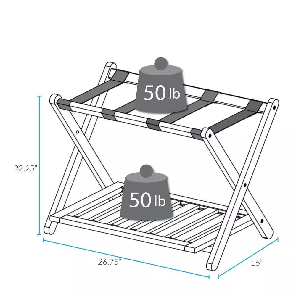 Solid Wood Luggage Rack with Bottom Storage Shelf in Natural with Black Straps-4