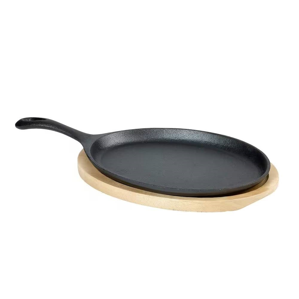 9-inch Cast Iron Flat Skillet Frying Pan Griddle with 10.5-inch Oval Wood Trivet-0