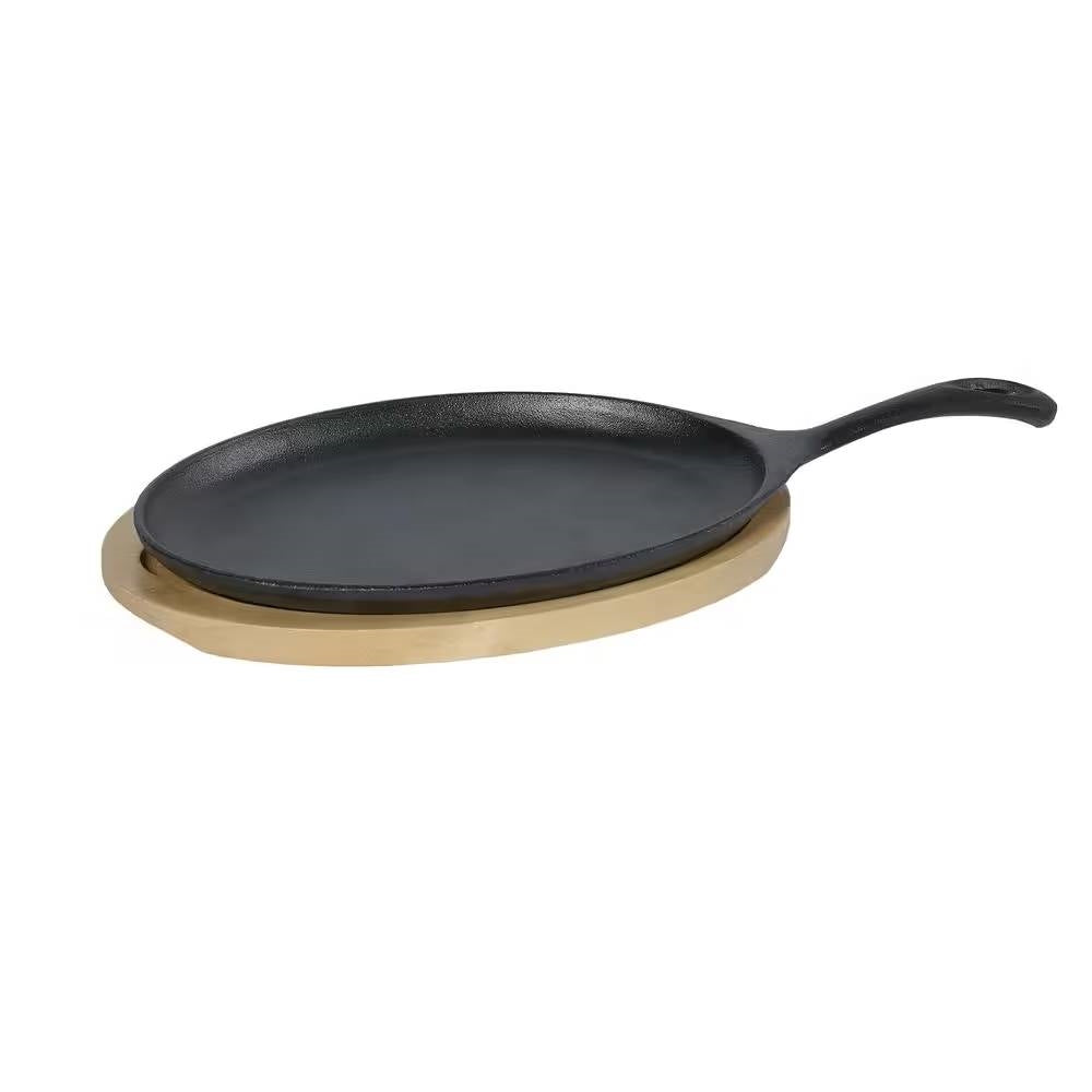 9-inch Cast Iron Flat Skillet Frying Pan Griddle with 10.5-inch Oval Wood Trivet-1