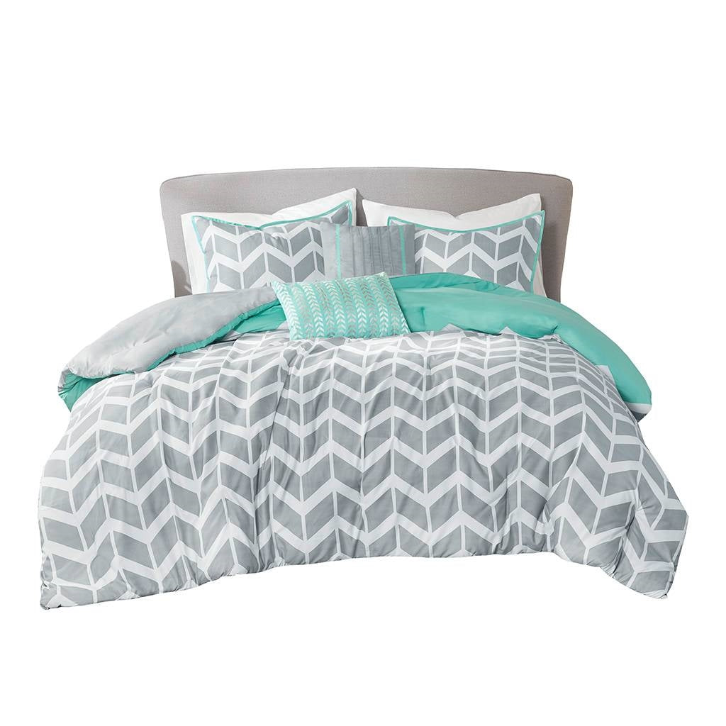 King size Reversible Comforter Set in Grey White Aqua Teal Chevron Stripe-2