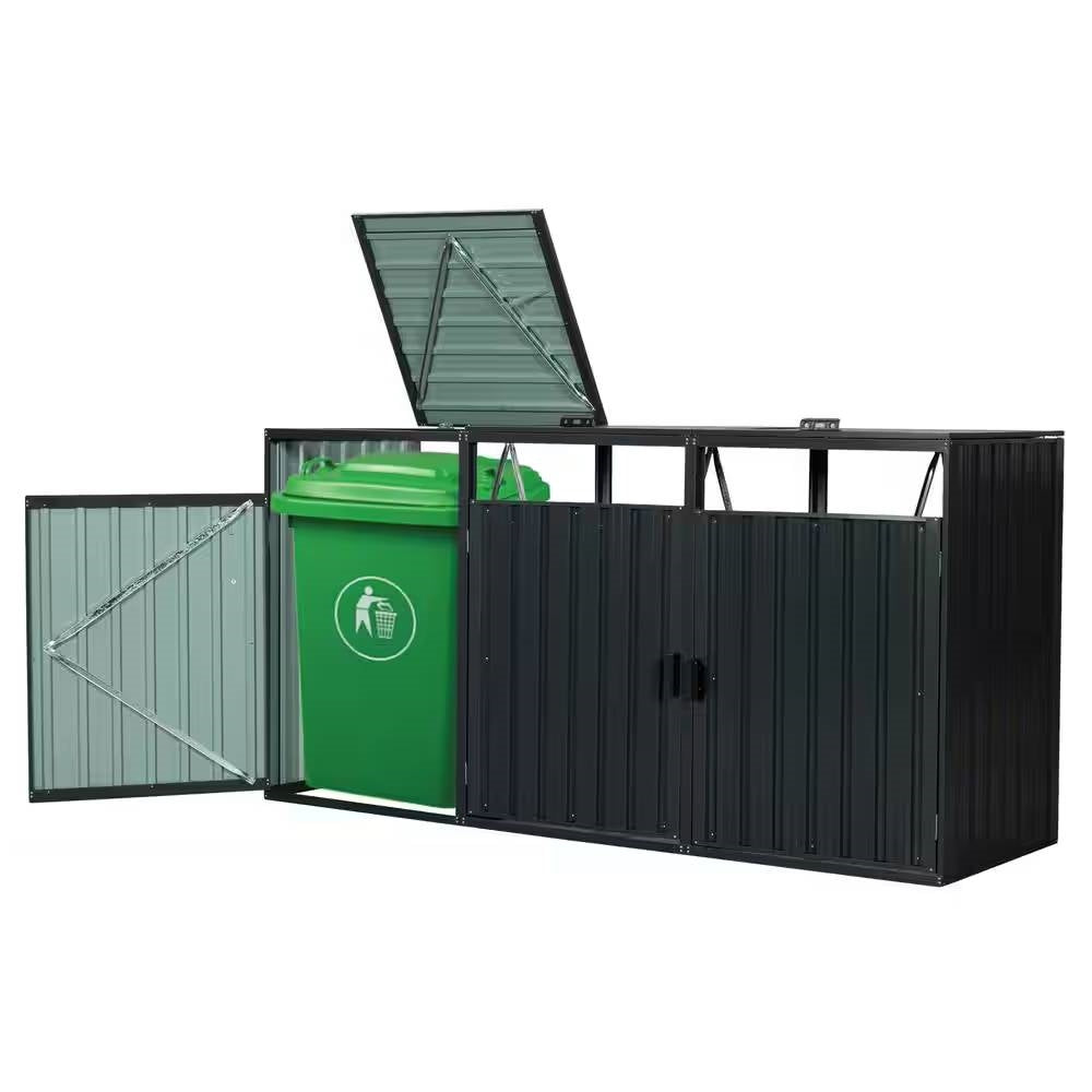 Outdoor Black Galvanized Steel Garbage Bin Storage Shed - Holds 3 Trash Cans-0