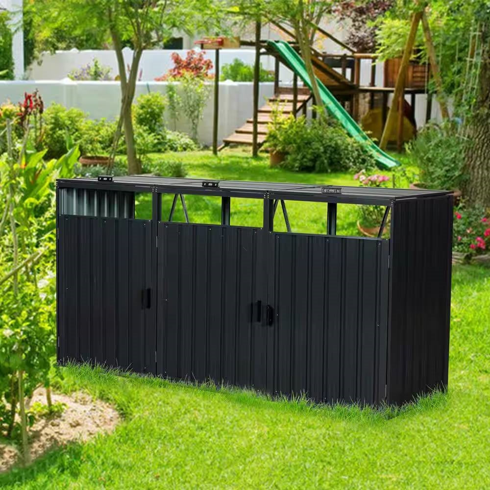 Outdoor Black Galvanized Steel Garbage Bin Storage Shed - Holds 3 Trash Cans-1