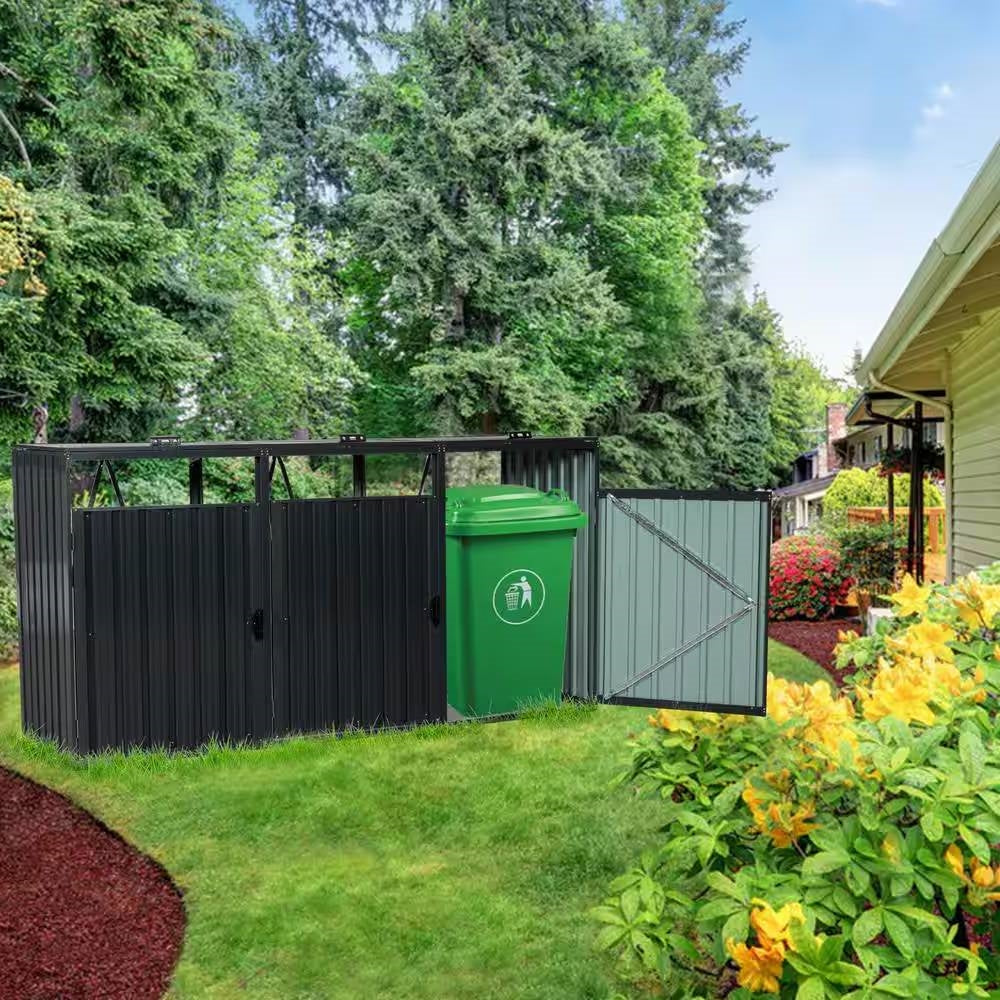 Outdoor Black Galvanized Steel Garbage Bin Storage Shed - Holds 3 Trash Cans-2