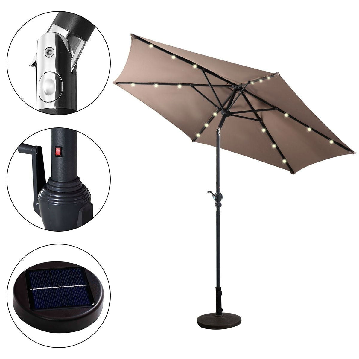 Tan 9-Ft Patio Umbrella with Steel Pole Crank Tilt and Solar LED Lights-0