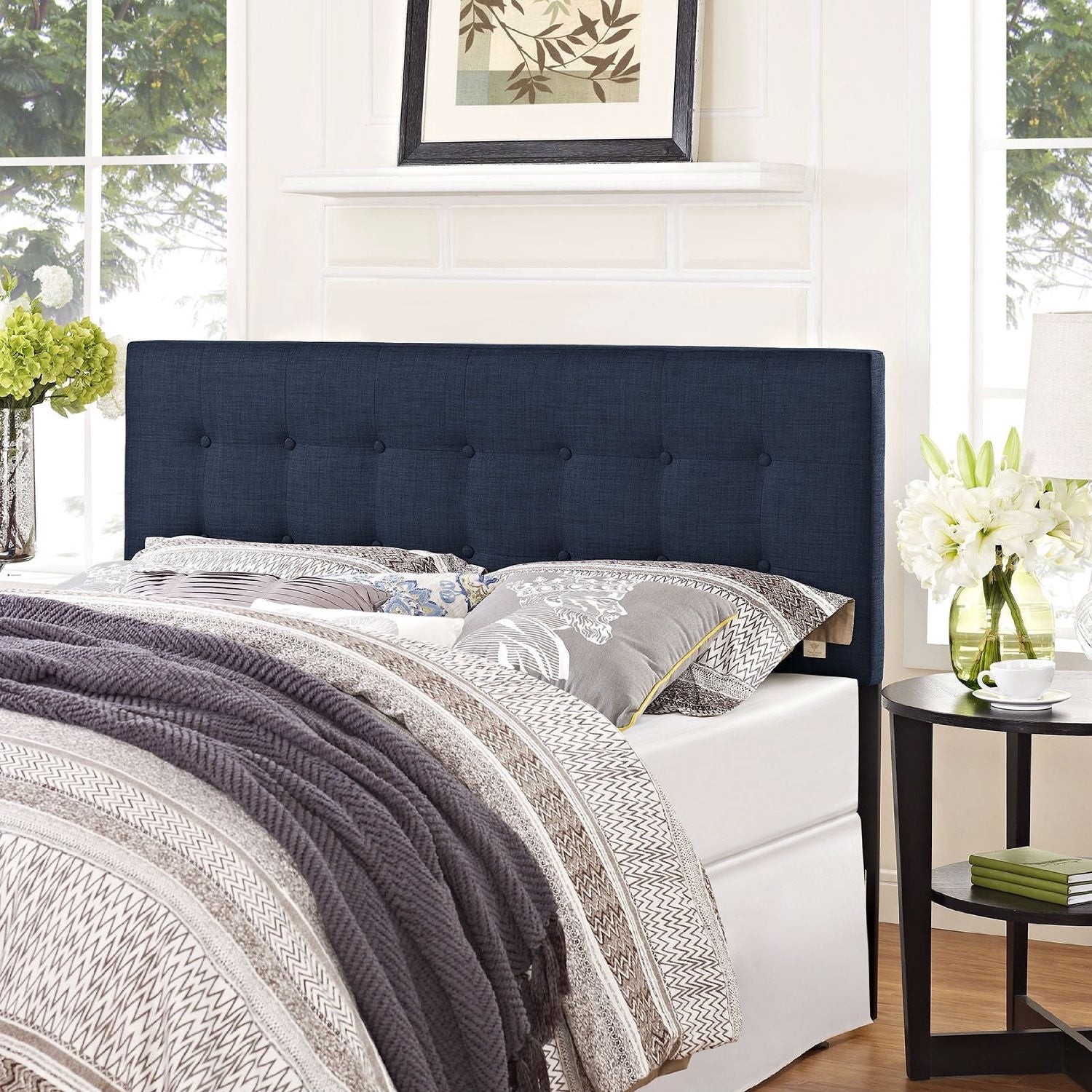 Full size Navy Fabric Modern Upholstered Headboard-2