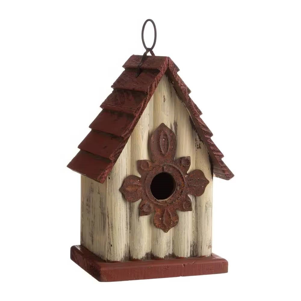 Outdoor A-Frame Solid Wood Bird House with Terracotta Color Slatted Roof-0