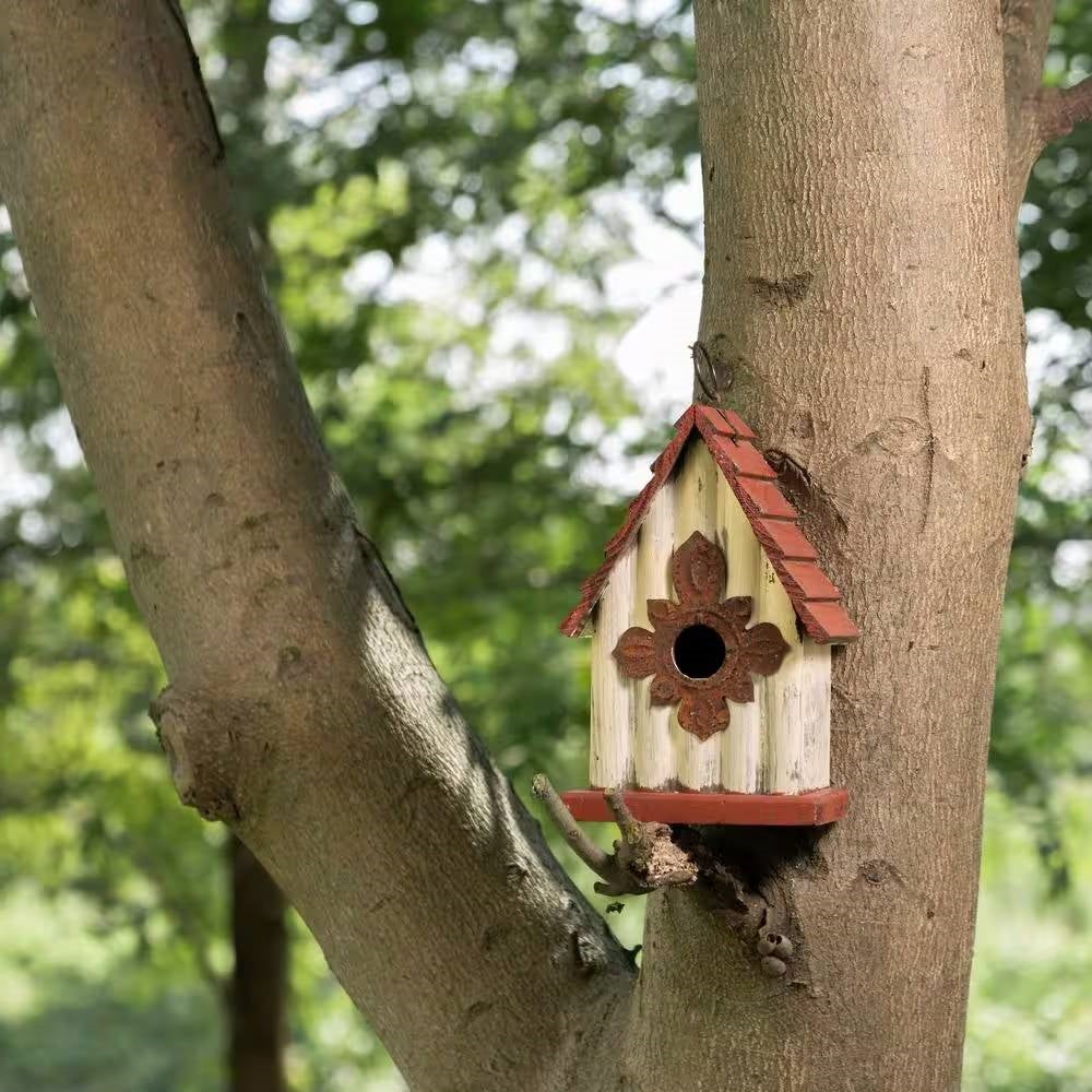 Outdoor A-Frame Solid Wood Bird House with Terracotta Color Slatted Roof-2