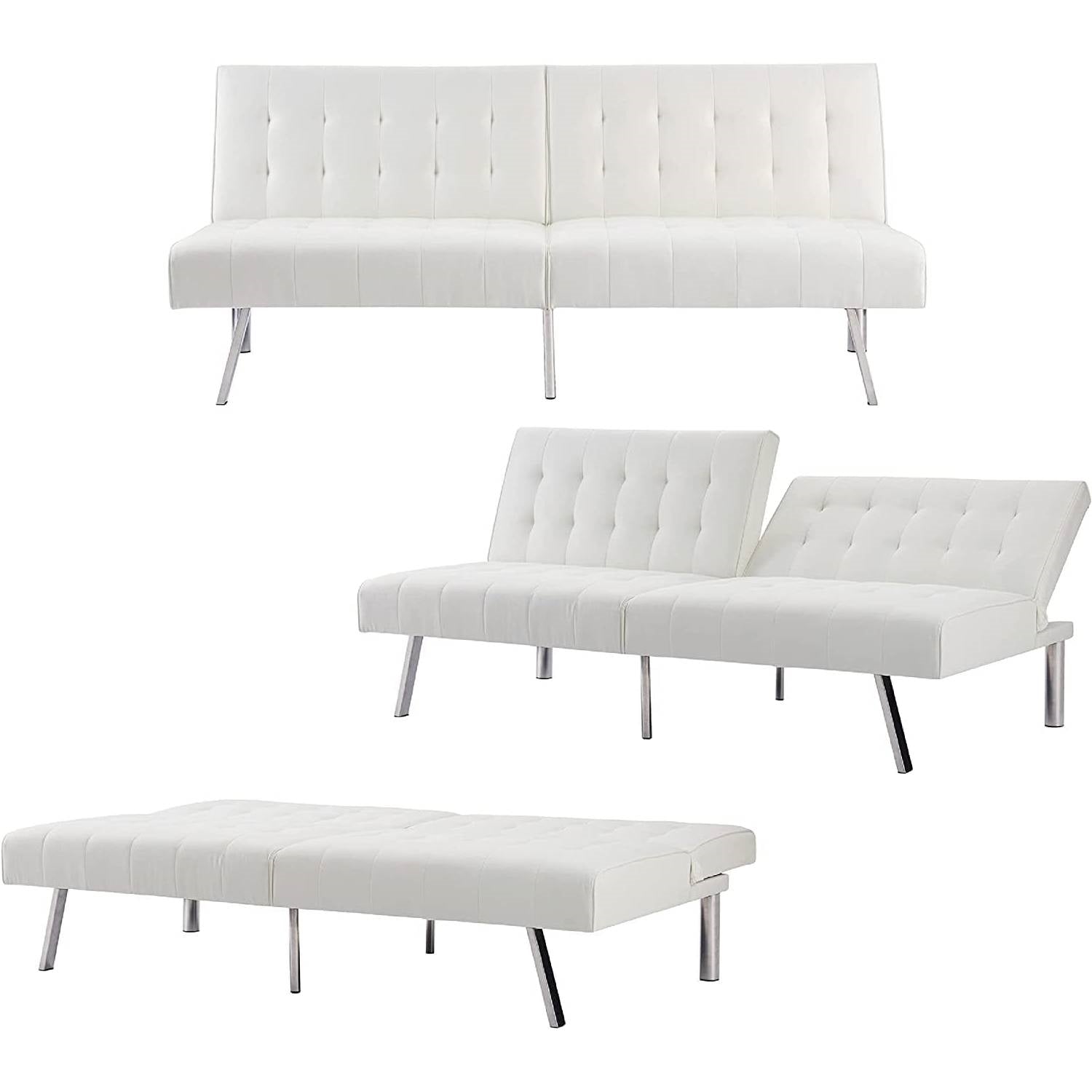 Mid-Century Modern Split Back Futon Sleep Sofa Bed in White Faux Leather-1