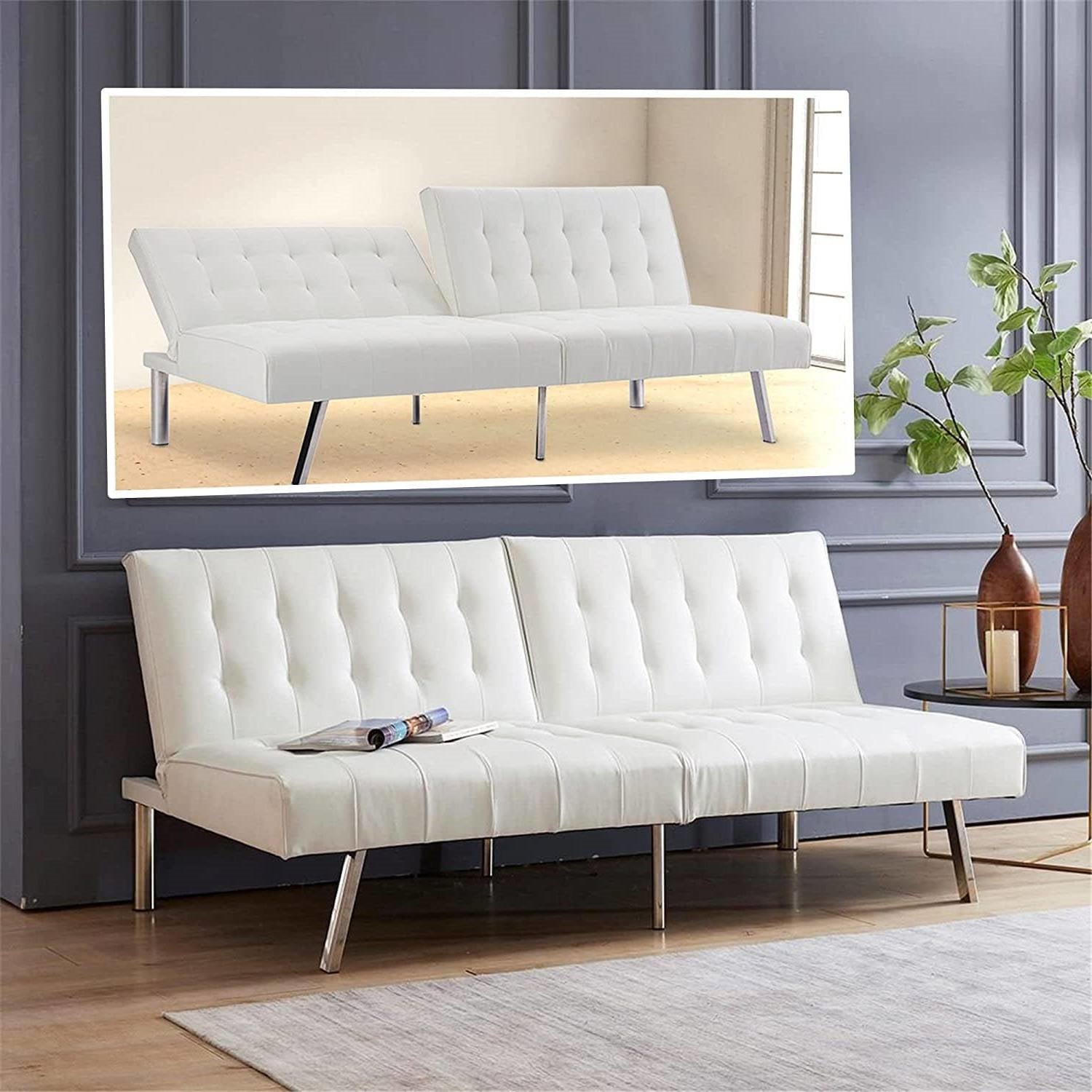 Mid-Century Modern Split Back Futon Sleep Sofa Bed in White Faux Leather-2