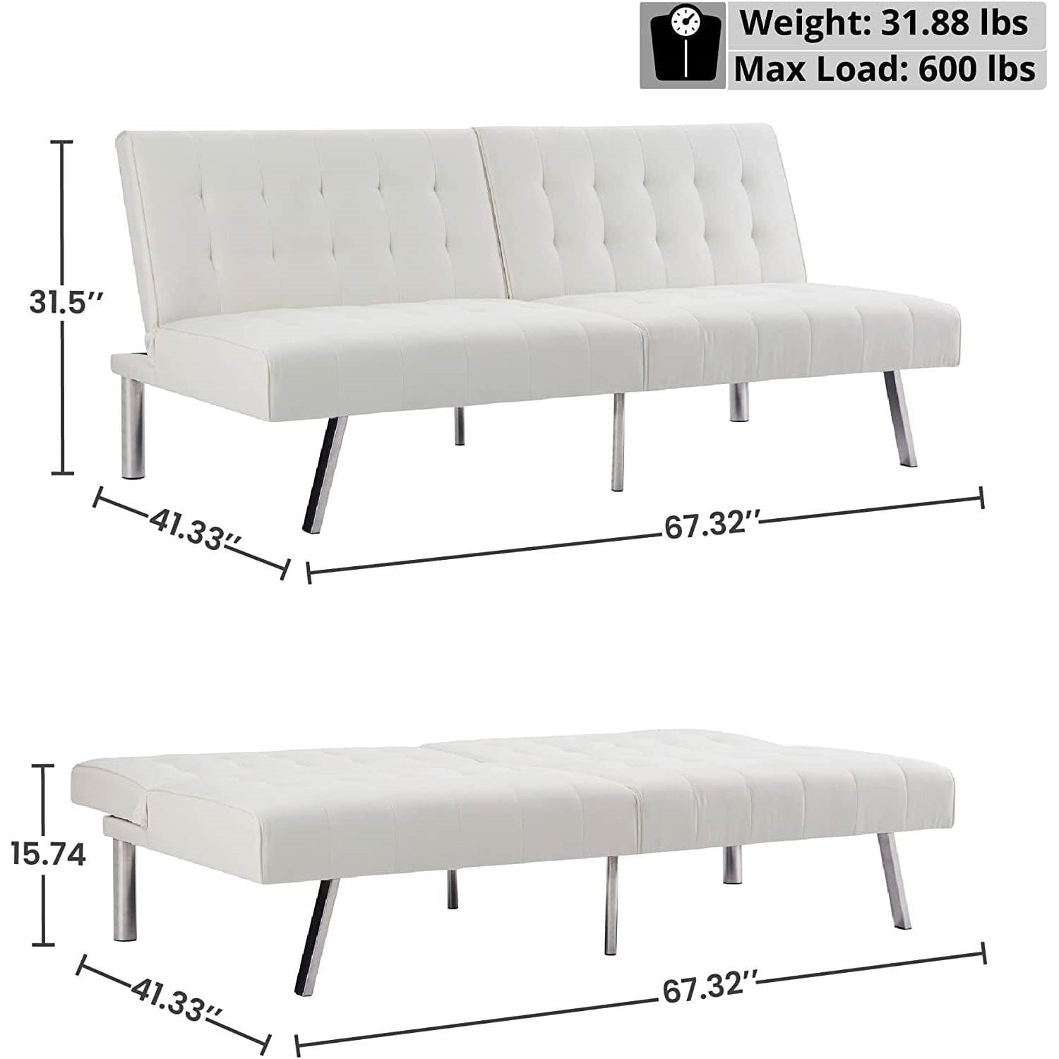 Mid-Century Modern Split Back Futon Sleep Sofa Bed in White Faux Leather-3