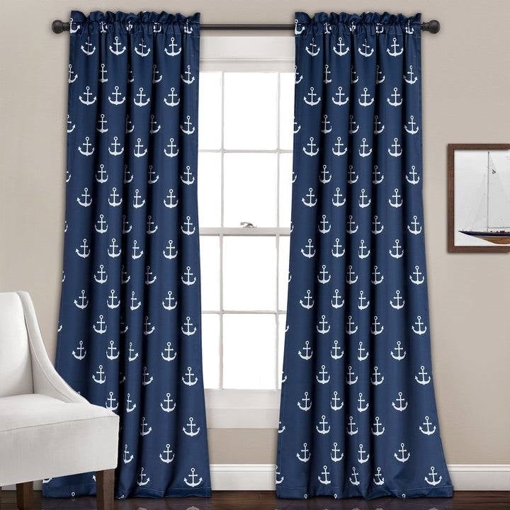 2 Panel 84"L x 52"W Navy Nautical Anchors Window Curtain Set-0