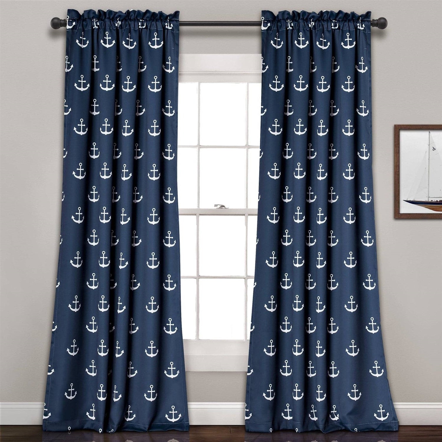 2 Panel 84"L x 52"W Navy Nautical Anchors Window Curtain Set-1