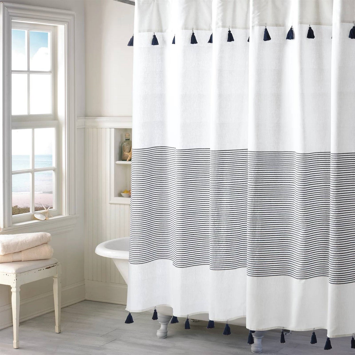 72-inch Navy and White Stripes Cotton Shower Curtain-0