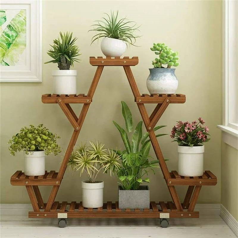 Indoor Outdoor Solid Wood Triangular Multi-Tier Plant Stand with Locking Wheels-1
