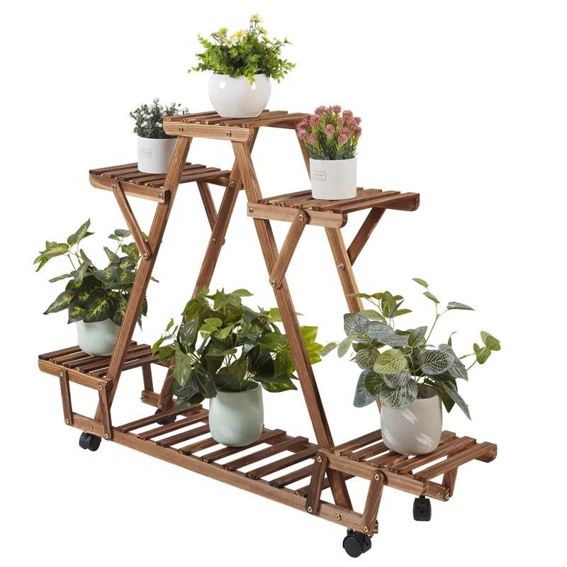 Indoor Outdoor Solid Wood Triangular Multi-Tier Plant Stand with Locking Wheels-3