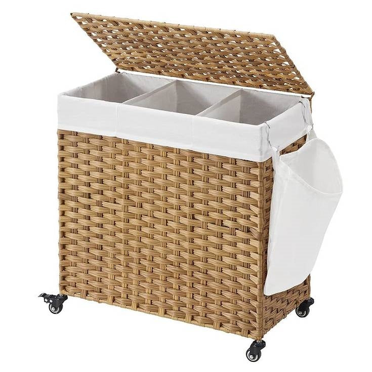 Handwoven PP Wicker 3-Section Laundry Basket Cart with Cotton Liner on Wheels-0