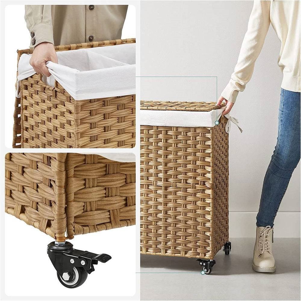 Handwoven PP Wicker 3-Section Laundry Basket Cart with Cotton Liner on Wheels-2