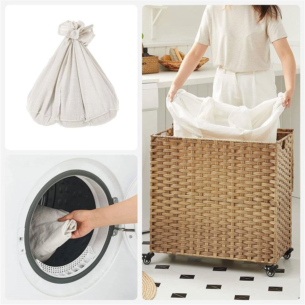 Handwoven PP Wicker 3-Section Laundry Basket Cart with Cotton Liner on Wheels-3