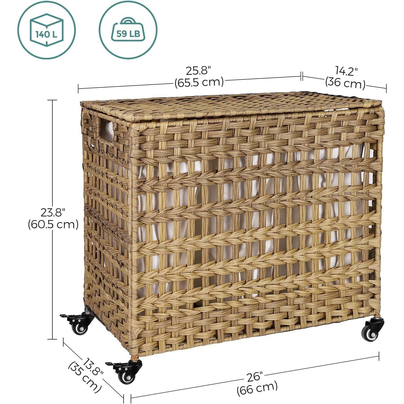 Tan PP Rattan 3-Basket Laundry Hamper Sorter Cart with Removable Cotton Bags-4