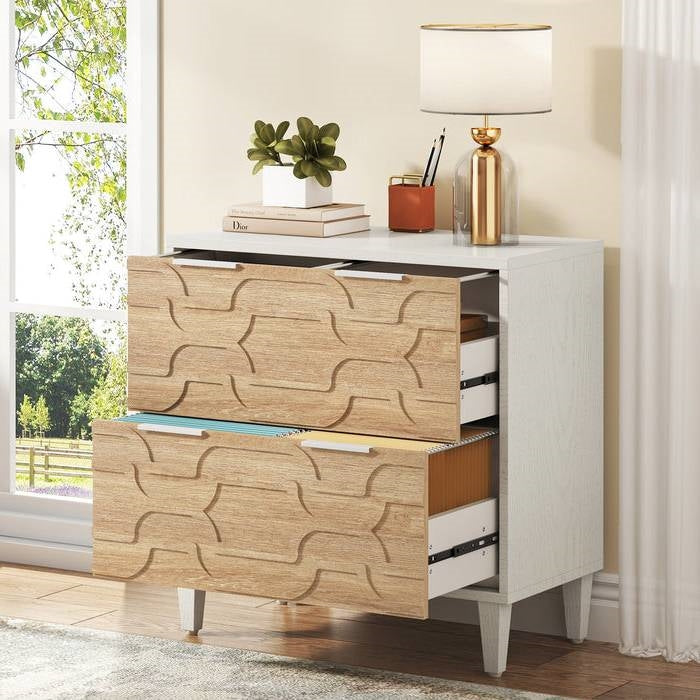Modern Natural/White Wood 2 Drawer Filing Cabinet Printer Stand-1