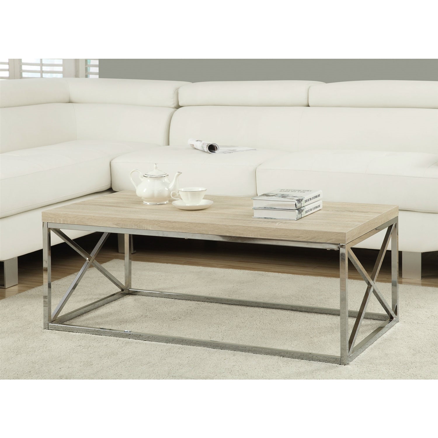 Modern Rectangular Coffee Table with Natural Wood Top and Metal Legs-0