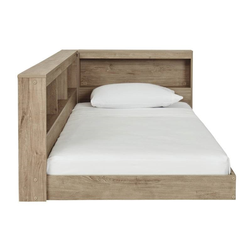 Twin size Natural Wood Corner Storage Bed with Bookcase Headboard and USB Ports-3