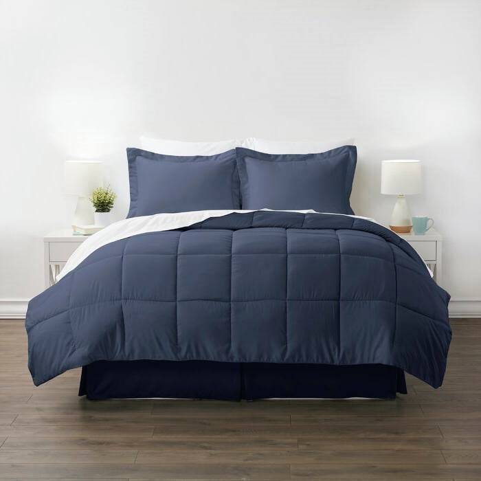 CA King Navy Microfiber Baffle-Box 6-Piece Reversible Bed-in-a-Bag Comforter Set-0