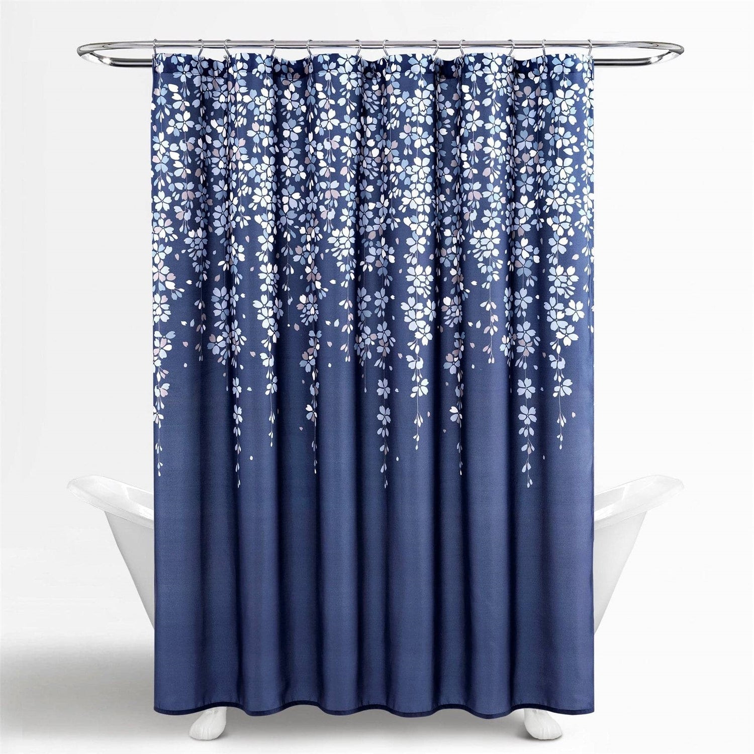 72-inch Navy Light Blue White Floral Vines and Flowers Shower Curtain-0