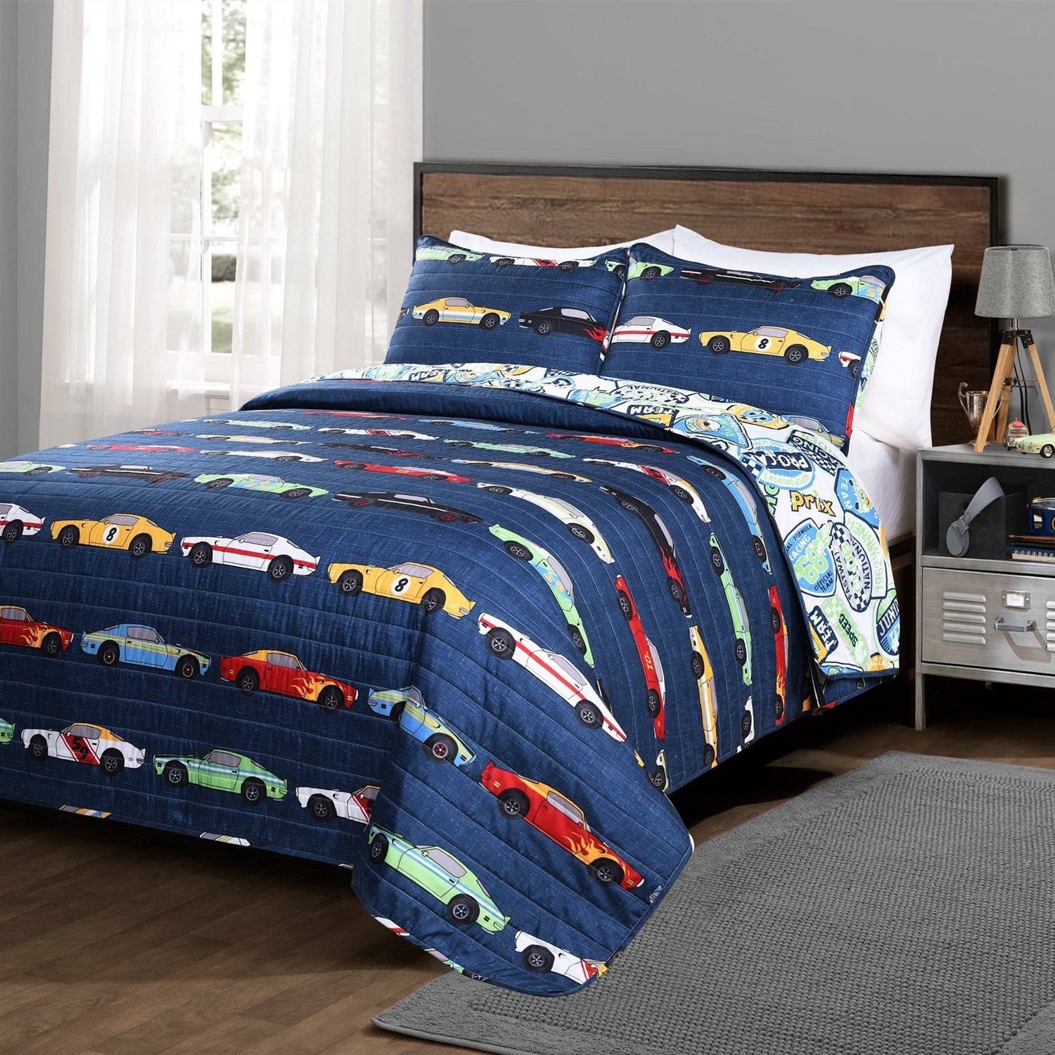 Twin Size Lightweight Navy Race Cars 2 Piece Quilt Set-0