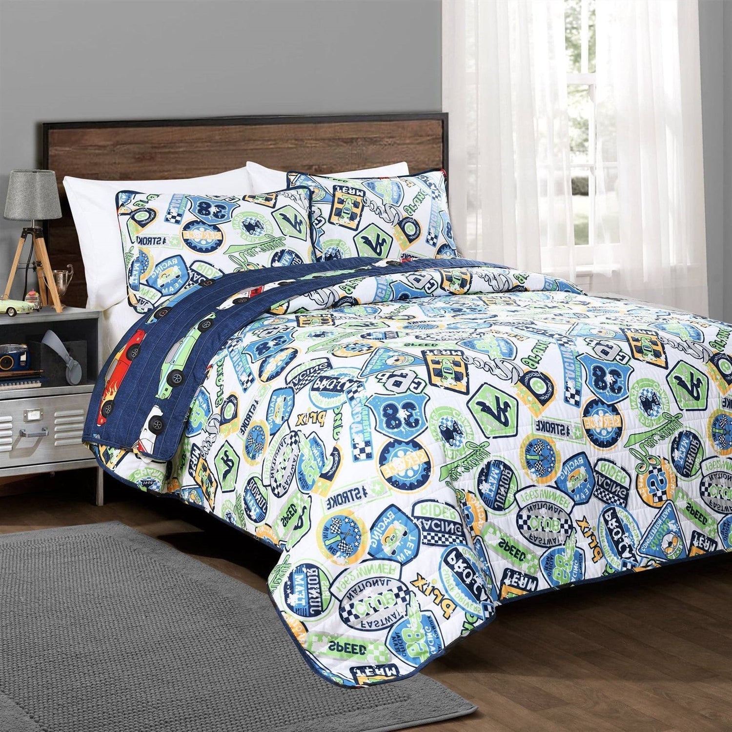 Twin Size Lightweight Navy Race Cars 2 Piece Quilt Set-1