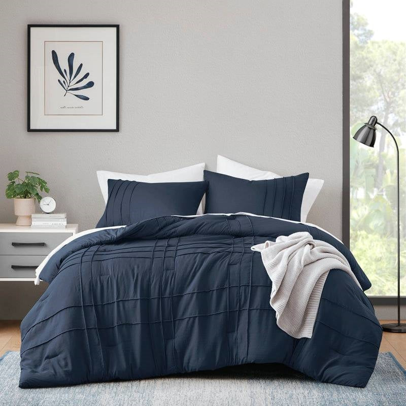 Full/Queen Microfiber Pleated Bohemian style Pre-Washed Comforter Set in Navy-0