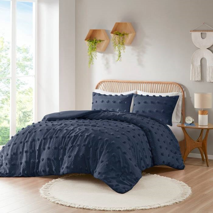 Full/Queen 3 Piece Navy Pompom Microfiber Hypoallergenic Comforter Set-1