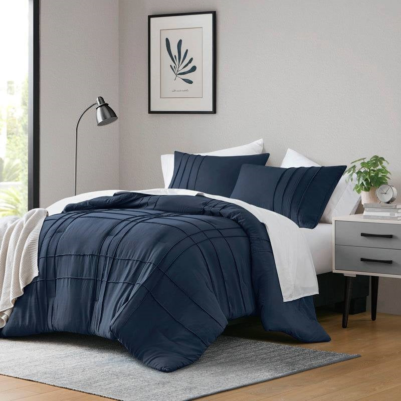Twin/Twin XL Microfiber Pleated Bohemian style Pre-Washed Comforter Set in Navy-1
