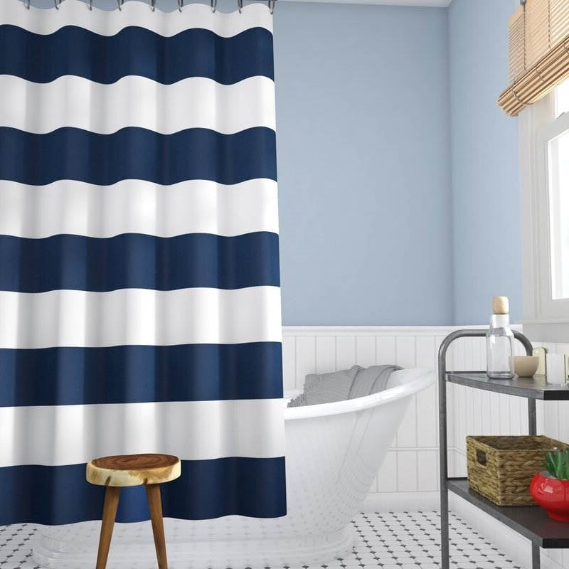 72 x 70 inch Polyester Navy Blue White Nautical Ocean Striped Shower Curtain-0