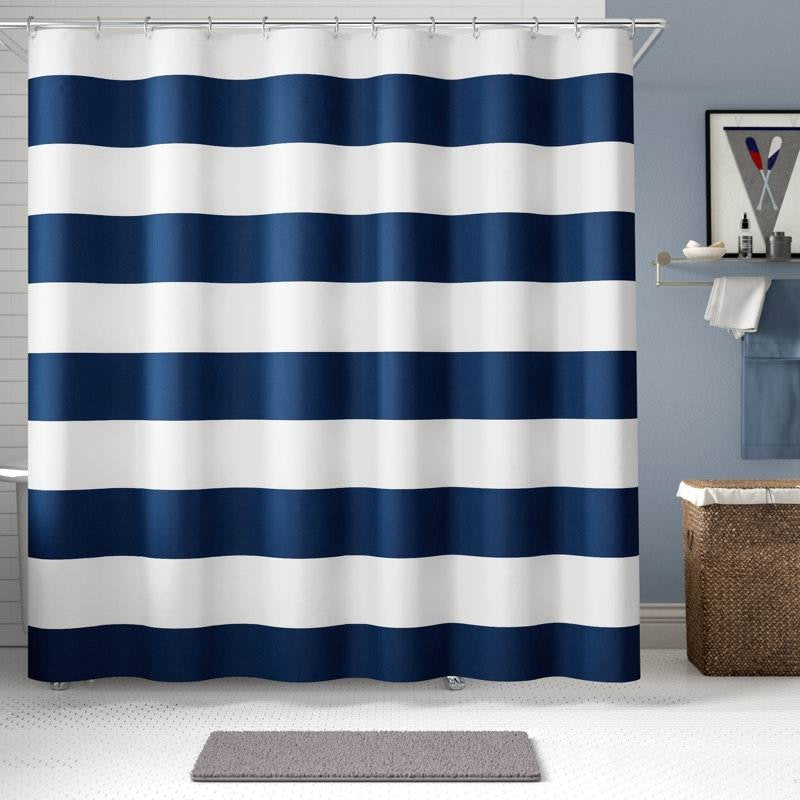 72 x 70 inch Polyester Navy Blue White Nautical Ocean Striped Shower Curtain-1