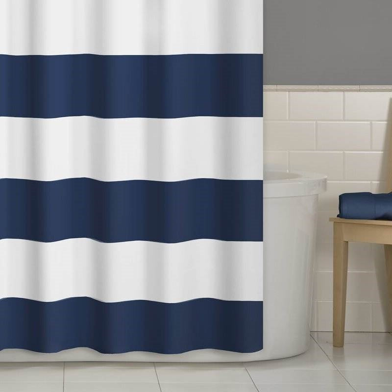 72 x 70 inch Polyester Navy Blue White Nautical Ocean Striped Shower Curtain-2