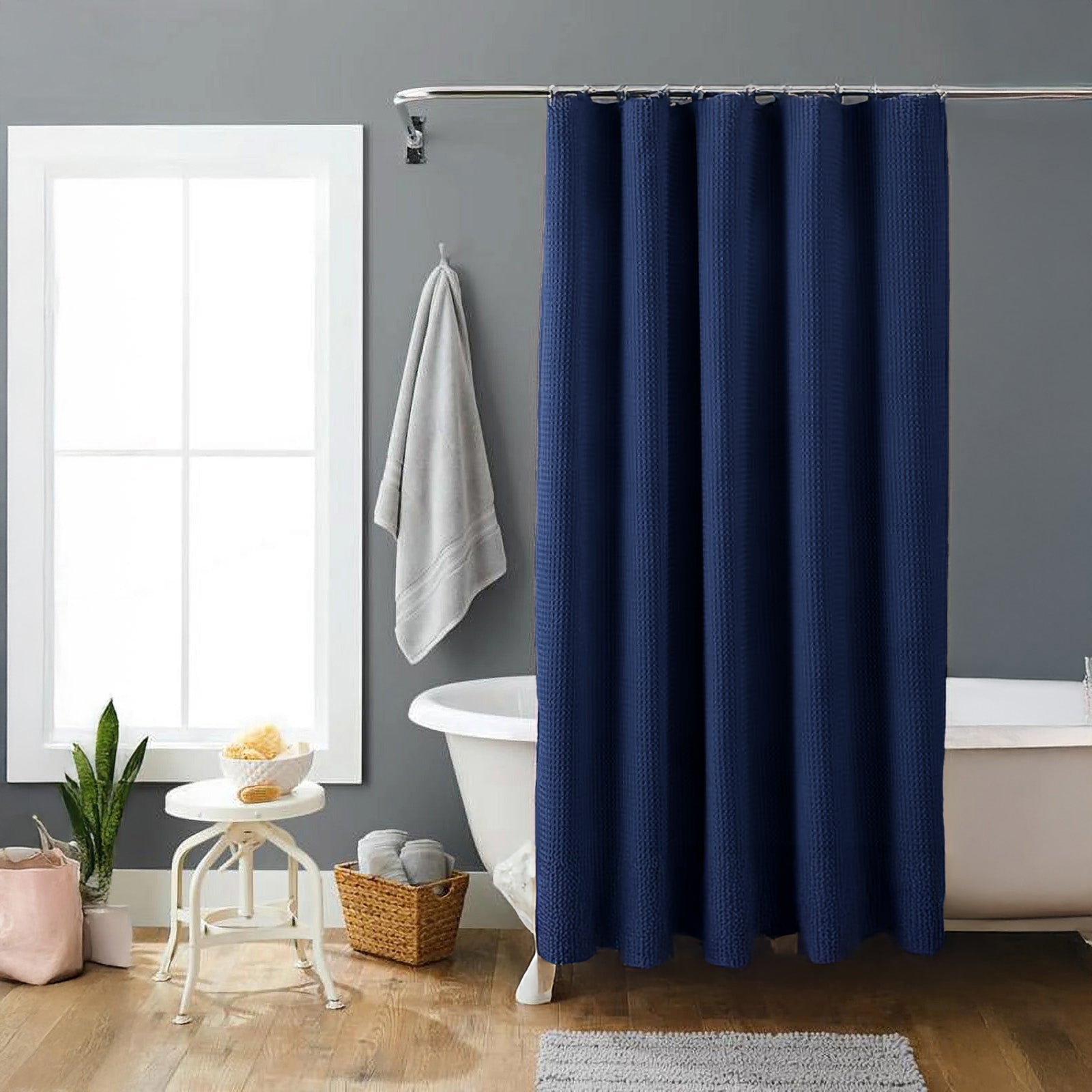 Navy Blue Organic Cotton Waffle Shower Curtain | Mold Resistant | Quick Dry-2