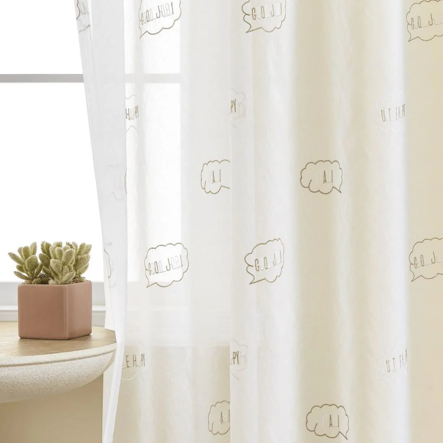 Niamh Embroidered Letter White Sheer Curtains